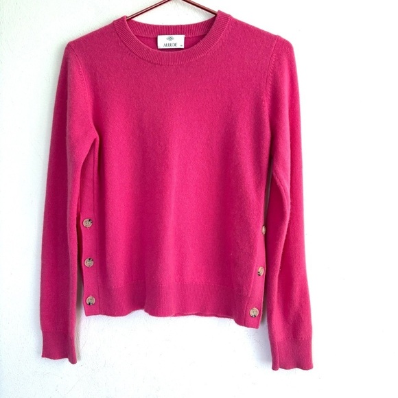 100% Cashmere Crew Neck Sweater Side Buttons Fuchsia Magenta Hot Pink Preppy XS - Picture 3 of 11